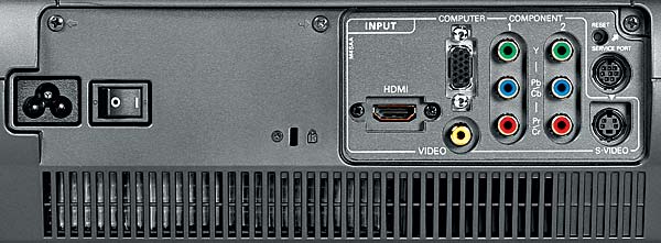 Набор интерфейсов включает два комплекта компонентных видеовходов YCrCb, а также VGA-разъем, через который можно подключить источник RGB-сигнала, используя опциональный переходник.
На панели разъемов есть неприметная кнопочка Reset, которая позволяет перезагрузить видеопроцессор проектора.
